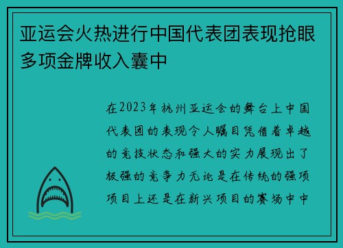 亚运会火热进行中国代表团表现抢眼多项金牌收入囊中